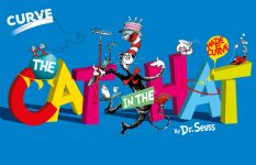 The Cat In The Hat show artwork with blue, pink and yellow lettering with the Cat balancing objects