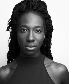 A black and white headshot of actor Danielle Kassarate