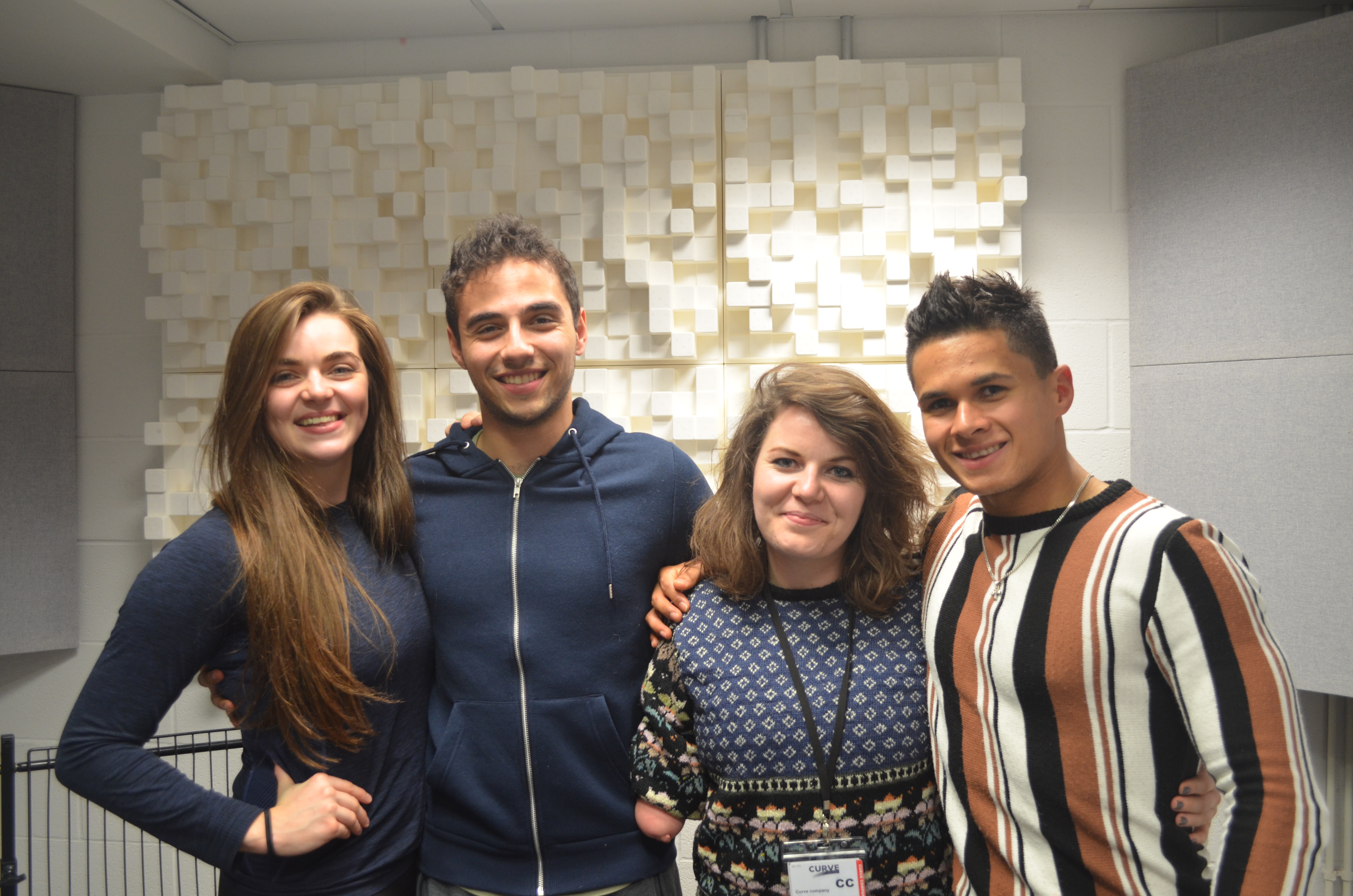 West Side Story cast members stand in a line in the recording studio. From left to right Thea Bunting, Jonathan Hermosa-Lopez, Beth Hinton-Lever and Damian Buhagiar.