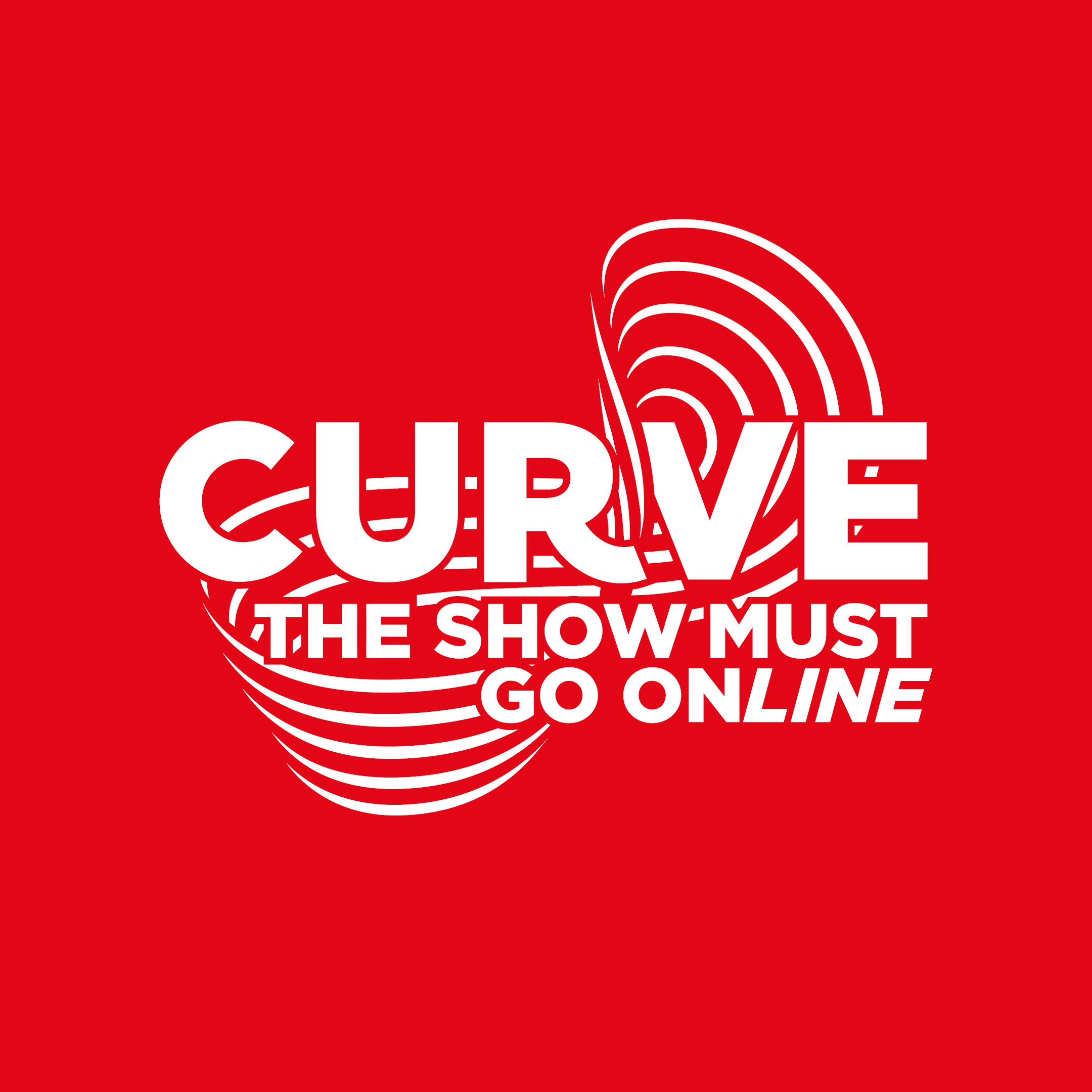 White Curve The Show Must Go Online logo on red background.