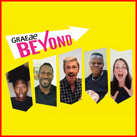 Five artists make facial expressions against a yellow background in promotional artwork for Graeae beyond.