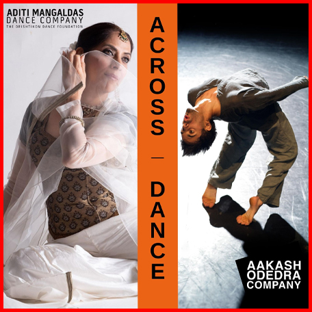 A two image collage of Aditi Mangaldas (left) and Aakash Odedra (right) captured in motion. The pair are separated by an orange bar, reading vertically ACROSS - DANCE