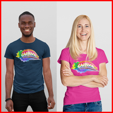 A collage of two images of models wearing navy and pink versions of the t-shirt, with rainbow Curve logo across the chest of each.