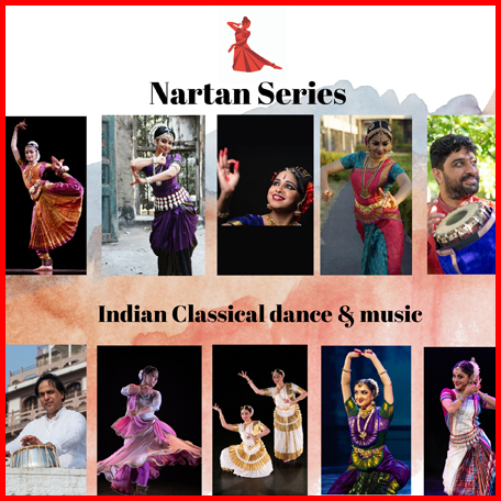 A collage of ten images showing different Indian classical and folk-dance styles. Text: Nartan Series - Indian Classical dance and music.
