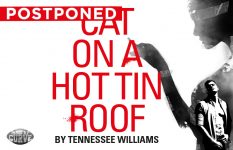 Promotional artwork for Cat on a Hot Tin Roof with red 'Postponed' banner in top left corner.