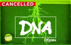 Promotional artwork for DNA with red 'Cancelled' banner in top left corner.