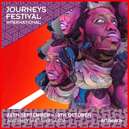 Promotional artwork for Journey's Festival International. Five purple illustrated heads sit in a cluster against a red background.