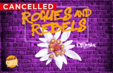 Promotional artwork for Rogues and Rebels with red 'Cancelled' banner in top left corner.
