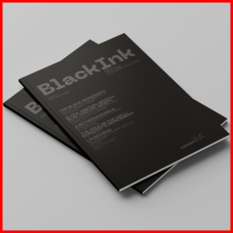 Two magazines on a grey backdrop. The magazine covers are completely Black, text reads ‘BlackInk’.