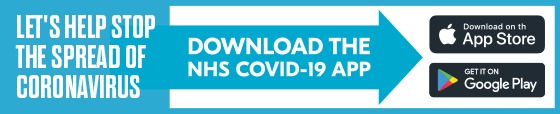 Banner for NHS Test and Trace App. Text: Let's help stop the spread of Coronavirus. Download the NHS COVID-19 app. App Store and Google Play logos on the far right.