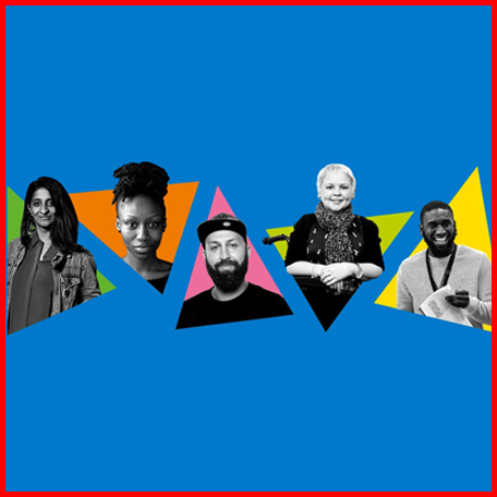 Black and white images of five young directors each overlay a coloured triangle, against a medium blue background.
