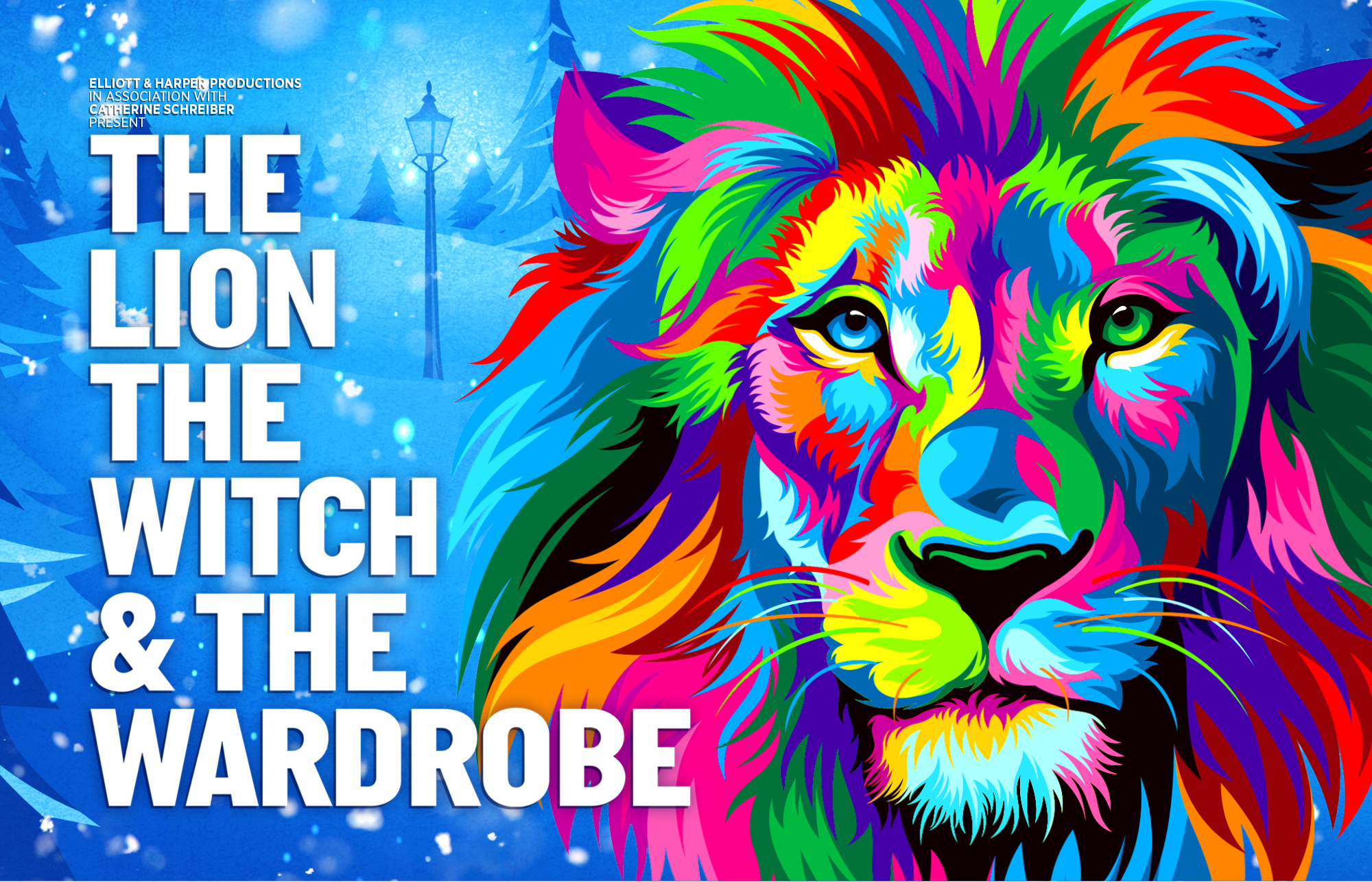 Promotional artwork for The Lion the Witch and the Wardrobe, featuring a colourful illustration of a lion's face against a wintery scene