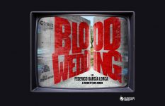 Promotional artwork for Blood Wedding. A television screen shows two walls parting, with the words 'Blood Wedding' split across them in red capitals. In the gap beyond the wall, a tree can be seen in the distance.