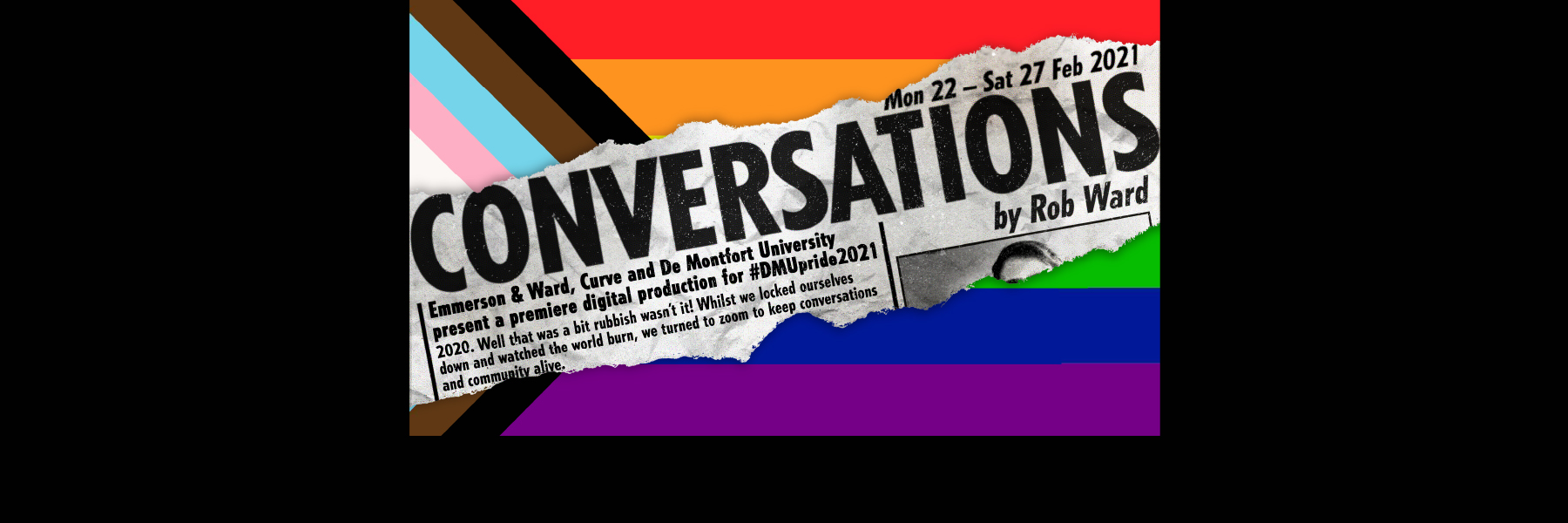 Promotional artwork for Conversations. A torn newspaper strip reads 'Conversations' above an LGBTQ+ Pride Flag.