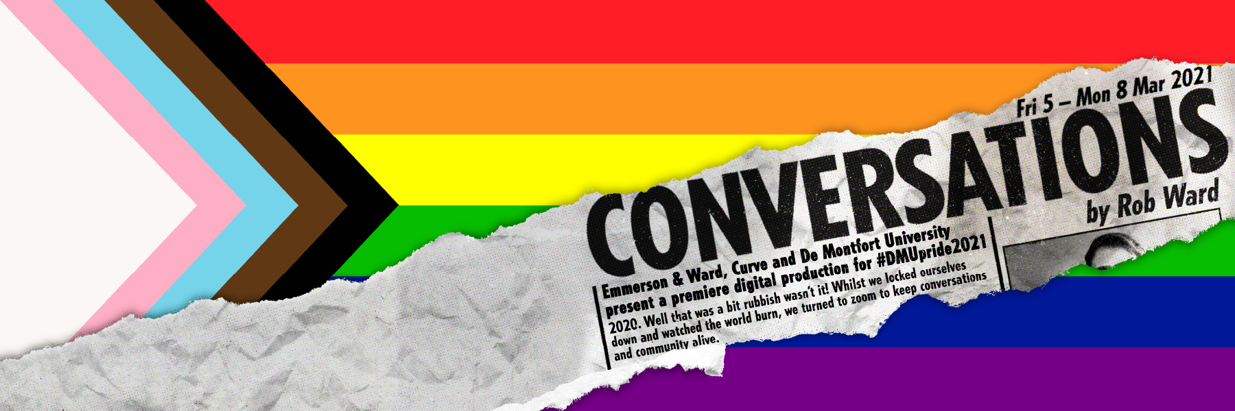 Promotional artwork for Conversations. A torn newspaper strip reads 'Conversations' above an LGBTQ+ Pride Flag.