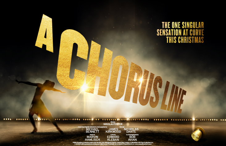 Promotional artwork for A Chorus Line. A lone chorus performer dances in silhouette on a dimly lit stage. Gold capitals across the image read 'A Chorus Line', and in the top right corner 'The one singular sensation at Curve this Christmas'.