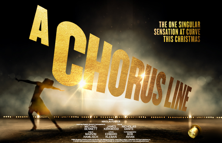 Promotional artwork for A Chorus Line. A lone chorus performer dances in silhouette on a dimly lit stage. Gold capitals across the image read 'A Chorus Line', and in the top right corner 'The one singular sensation at Curve this Christmas'.