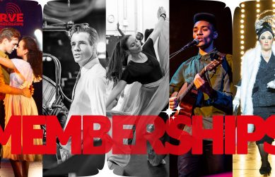 A collage of five production and rehearsal images. Red text over the images reads 'Memberships'. Red Curve Memberships logo top left.