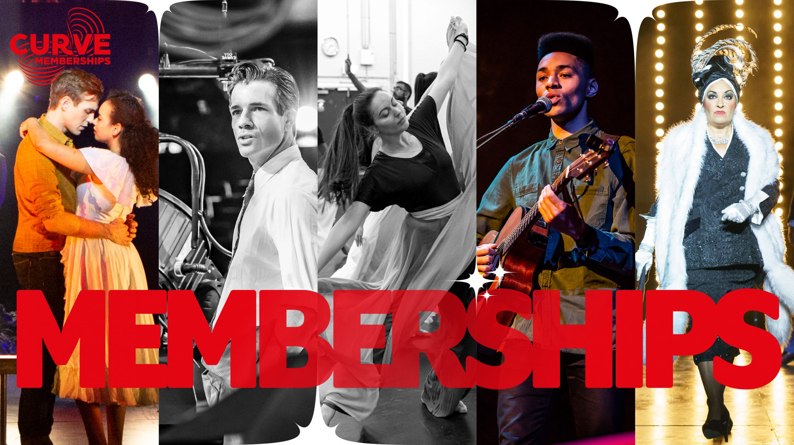 A collage of five production and rehearsal images. Red text over the images reads 'Memberships'. Red Curve Memberships logo top left.