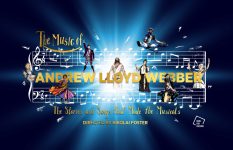Promotional artwork for The Music of Andrew Lloyd Webber. A white passage of music studded with illustrated characters from Andrew's musicals overlays a dark blue background with a white starburst in the middle. Golden text around the music reads The Music of Andrew Lloyd Webber, the stories and songs that made the musicals.