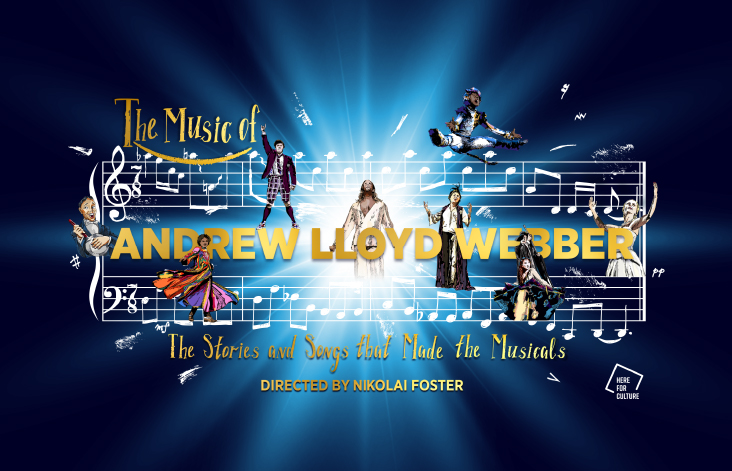 Promotional artwork for The Music of Andrew Lloyd Webber. A white passage of music studded with illustrated characters from Andrew's musicals overlays a dark blue background with a white starburst in the middle. Golden text around the music reads The Music of Andrew Lloyd Webber, the stories and songs that made the musicals.