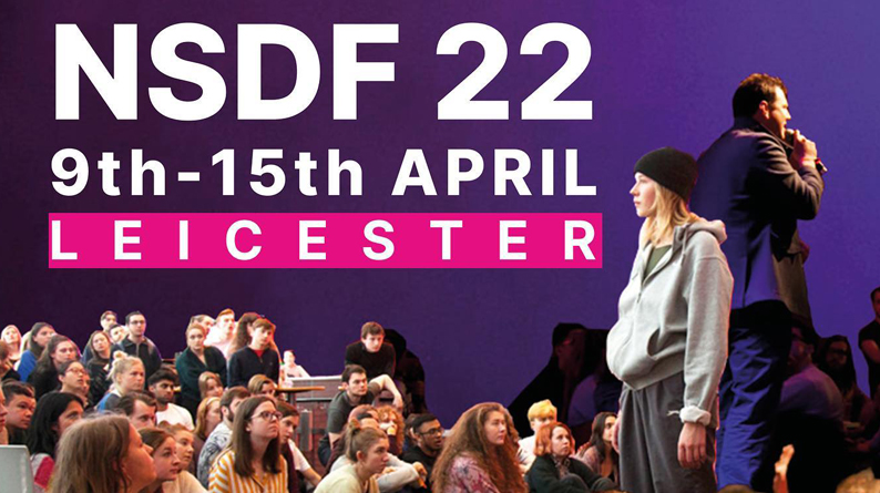Promotional artwork for NSDF 22. Against a purple background, a collage of a young audience watching a performer sit beneath white text that reads NSDF 22, 9th - 15th April, Leicester.
