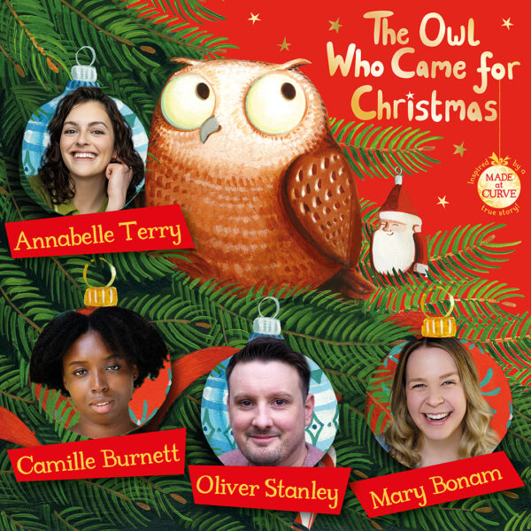 The Owl Who Came For Christmas artwork graphic. The four cast member headshots appear in baubles around the Christmas tree with Rosie the Owl.